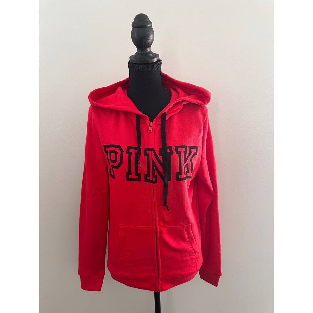 Victoria's Secret PINK‎ Red Full Zip Hoodie Sweatshirt Black Logo Womens Small